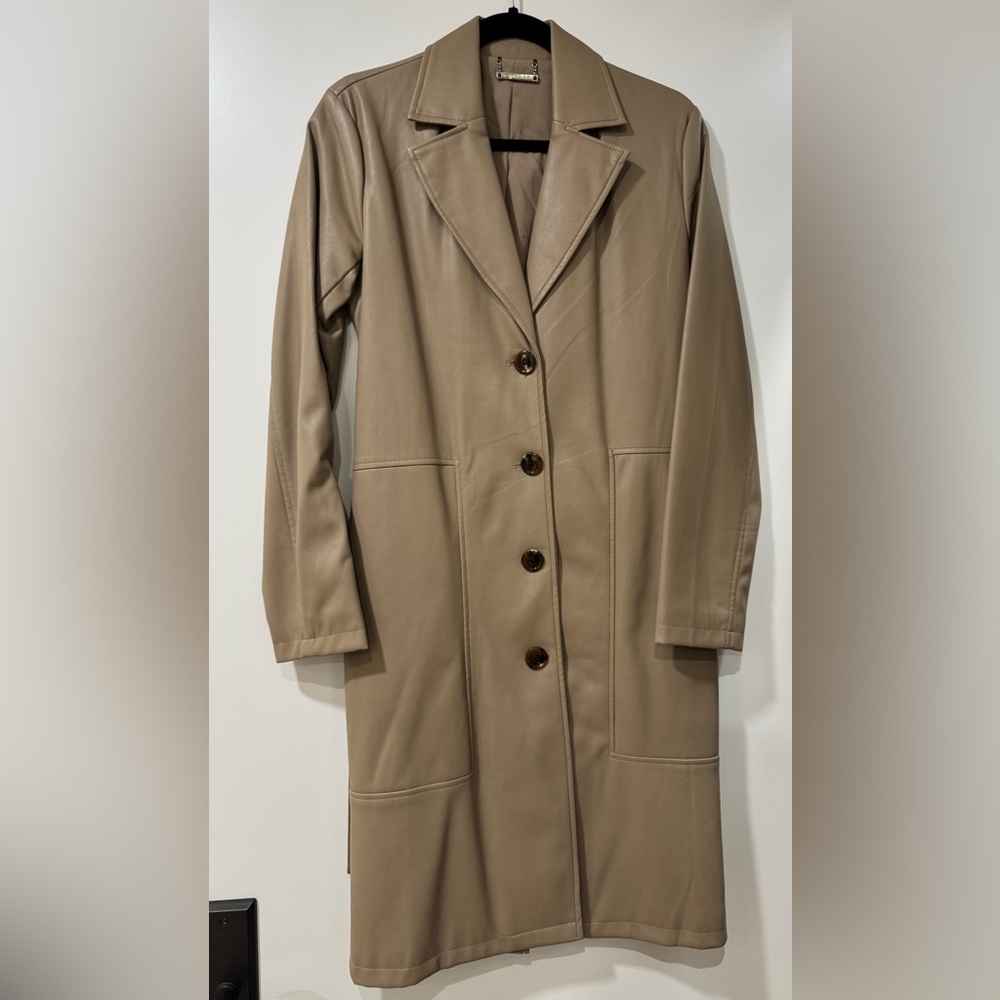 T Tahari Faux Leather Classic Tan Beige Trench Coat Women’s Size XS - Picture 2 of 11